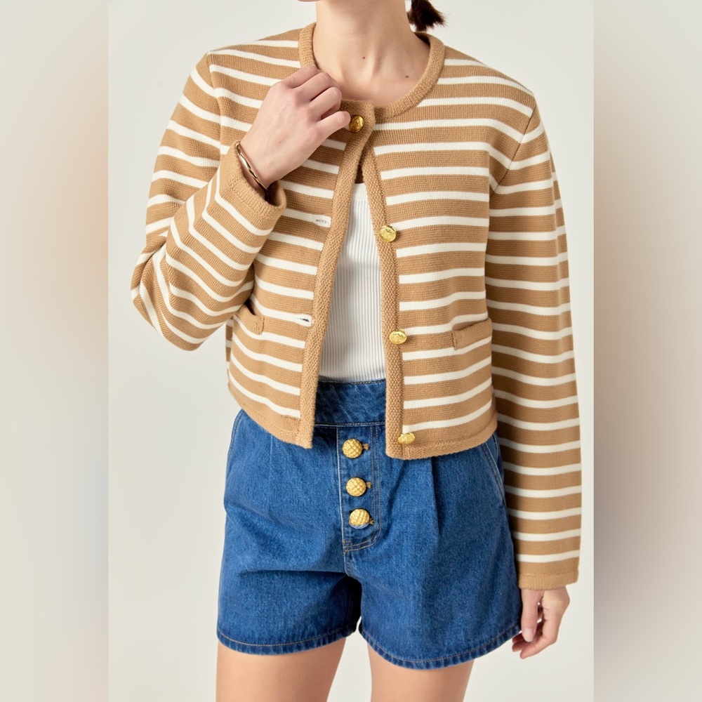 English Factory Tan and White Striped Knit Cardigan with Gold Buttons Sz Medium